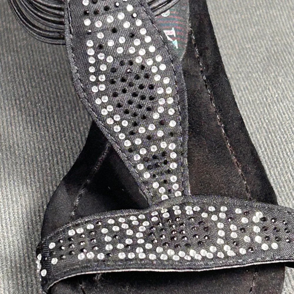 New York Transit Womens Black Rhinestone‎ T-Strap Wedge Sandals Size 5.5M